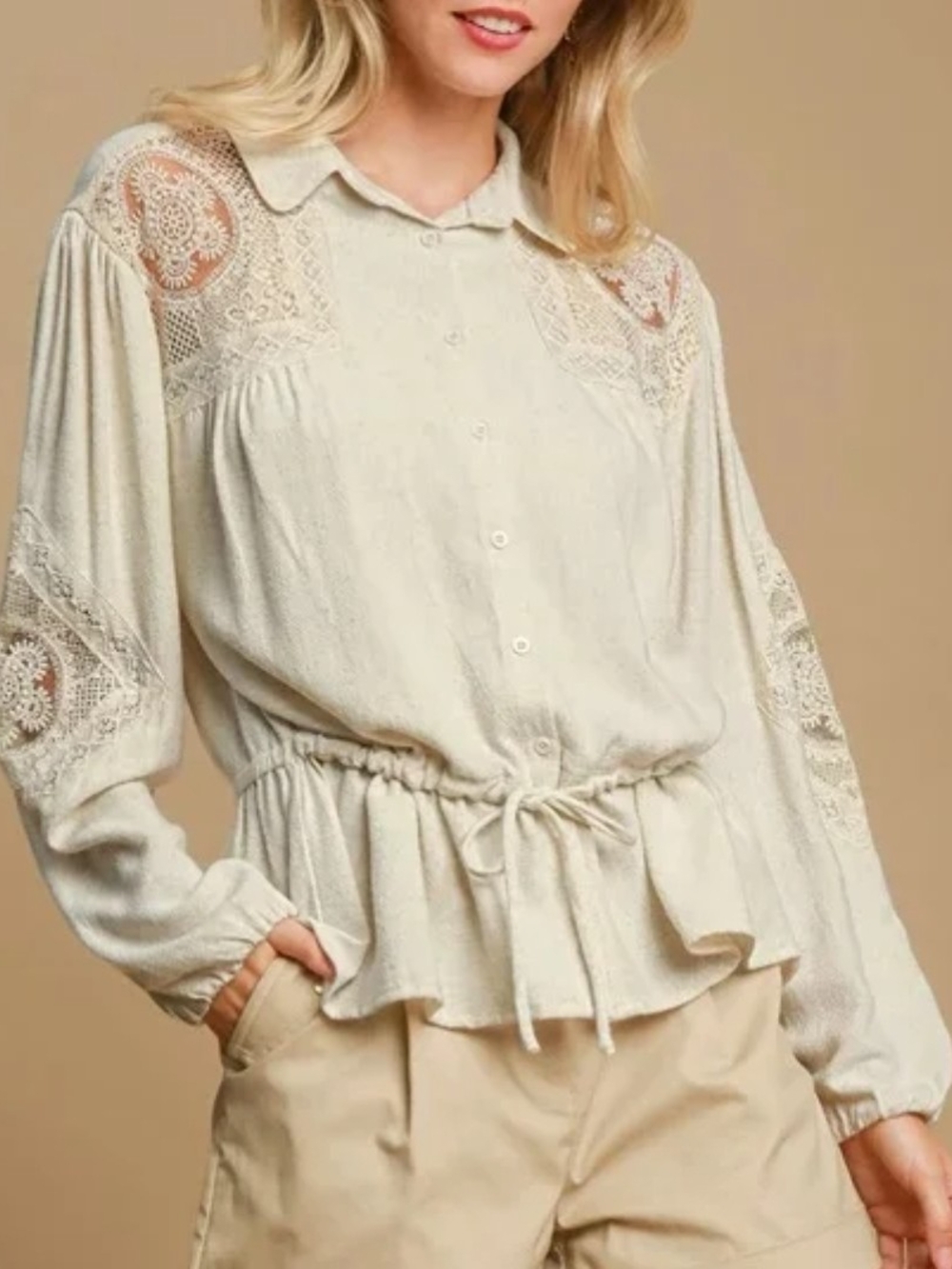 UMGEE Cream Eyelet Embroidered Lace Linen/Cotton Long Sleeve Blouse